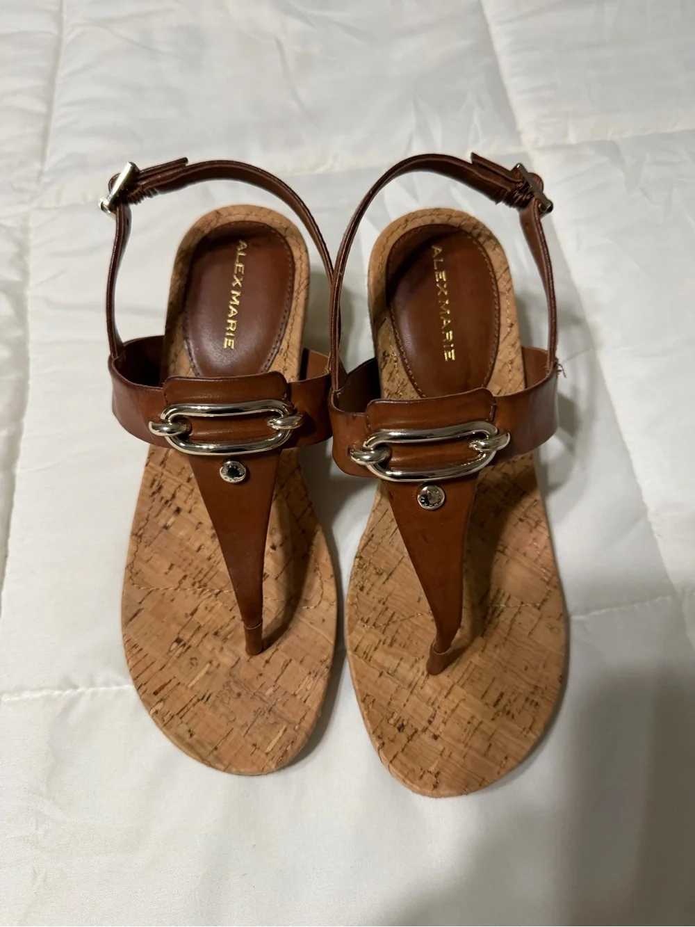 Alex Marie Tan Leather Cork Thong Sandals with Silver Accents